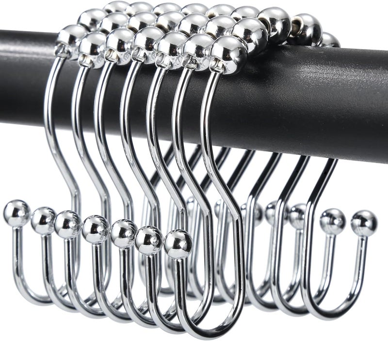 OEH Shower Curtain Hooks, Shower Curtain Rings, Chrome Shower Curtain Hooks Rust Proof, Smooth Gliding Metal Shower Curtain Rings Rust Proof, Double Shower Hooks for Shower Curtain, 12 Pcs, Chrome - Image 1